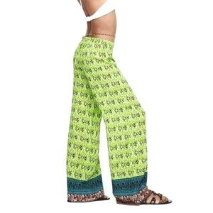 Zara wide leg flowy printed viscose palazzo pants green Sz M